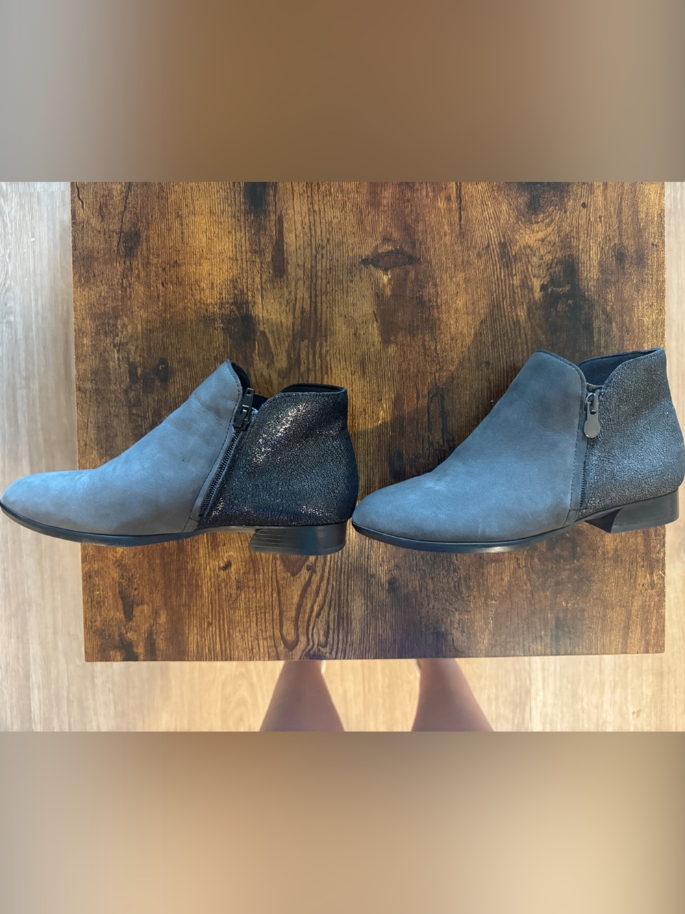 Munro Gray Suede Ankle Booties with Black Shimmer Heel